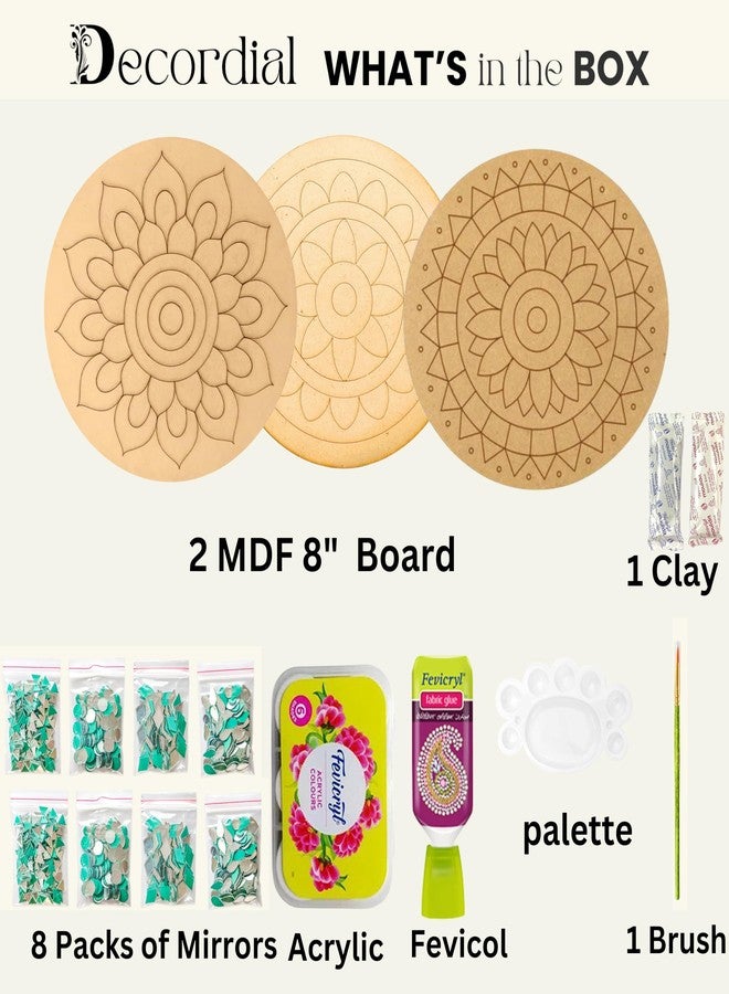 Decordial Lippan Art Materials DIY Kit With 2 Premarked Madhubani Mandala Designs MDF Board Decorative Mirrors Colours Lippan Art Kit For Kids Adults Wall Decoration For Home Decor, Multicolor - Image 2